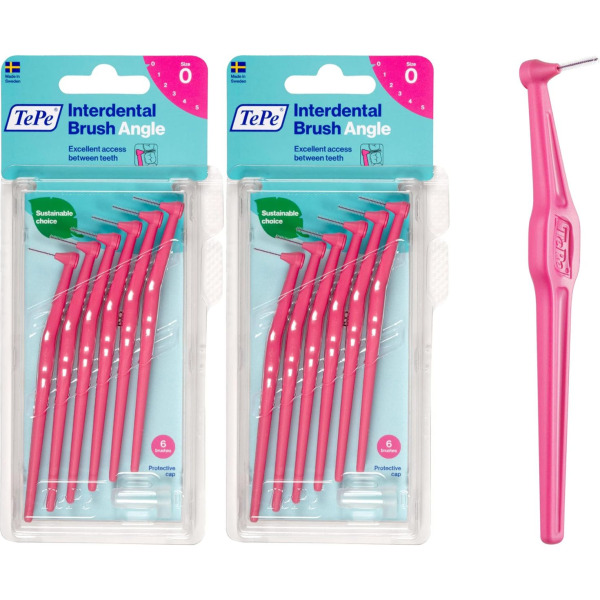 TePe Angle Interdental Brushes Pink 0.4mm (Size 0) 6 Pack - 2 Pack Bundle (12 Brushes)